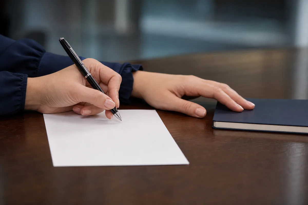 Mains d’une professionnelle annotant des feuilles de synthèse sur une table de réunion