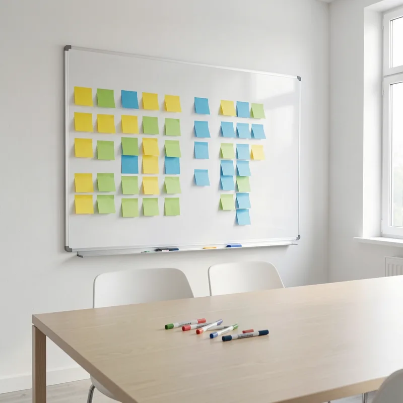 Bureau clair avec un tableau blanc couvert de post-it de couleur et une table de réunion vide