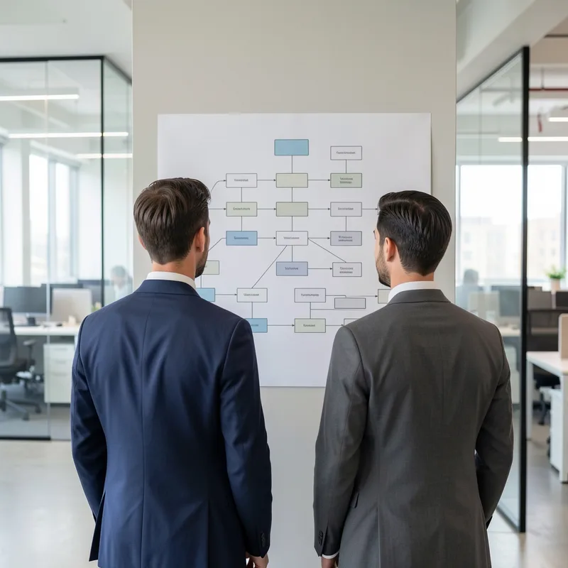 Deux personnes de dos consultant un organigramme affiché sur un mur de bureau lumineux