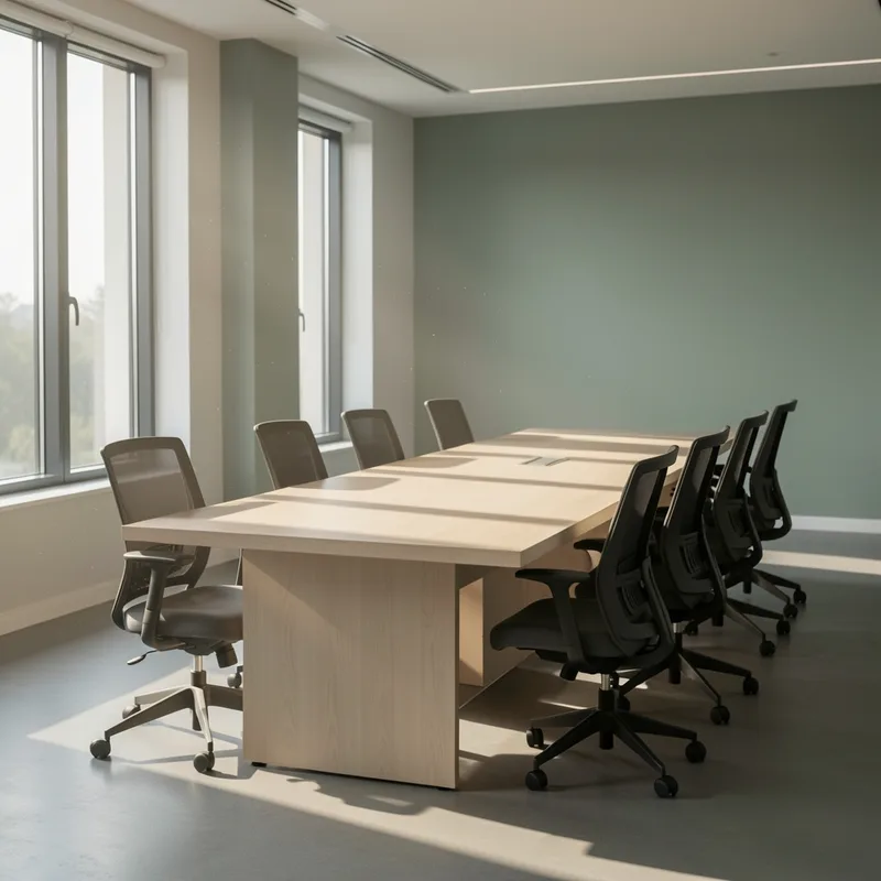 Salle de réunion vide avec chaises alignées et lumière rasante sur une table en bois clair