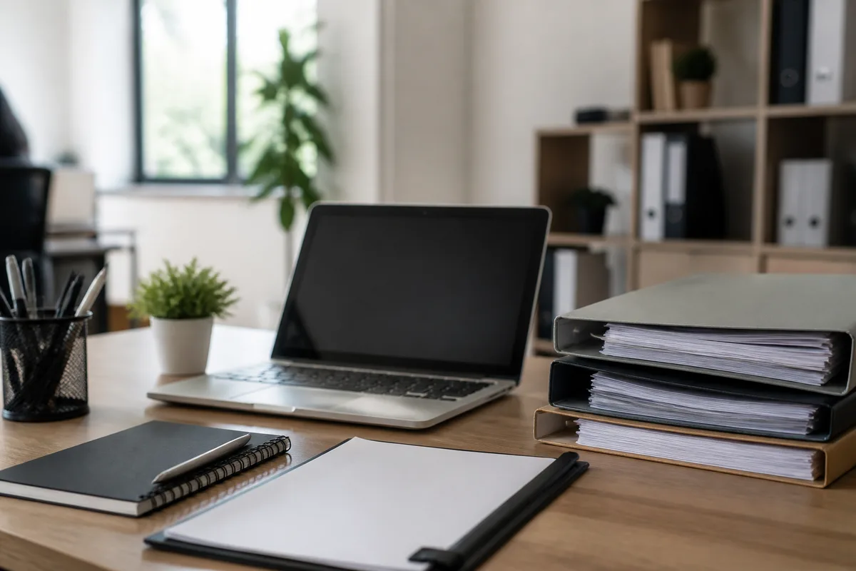 Bureau de consultant en ressources humaines avec dossiers et ordinateur portable ouvert