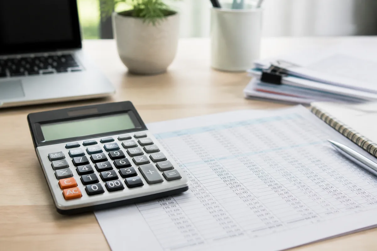 Calculatrice et tableau de chiffres sur un bureau clair, ambiance gestion financière